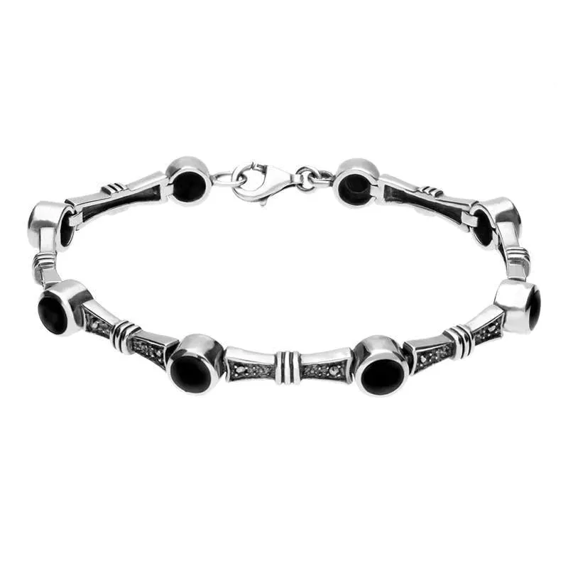 Sterling Silver Whitby Jet Marcasite Eight Stone Round Link Bracelet sold by Jura Watches