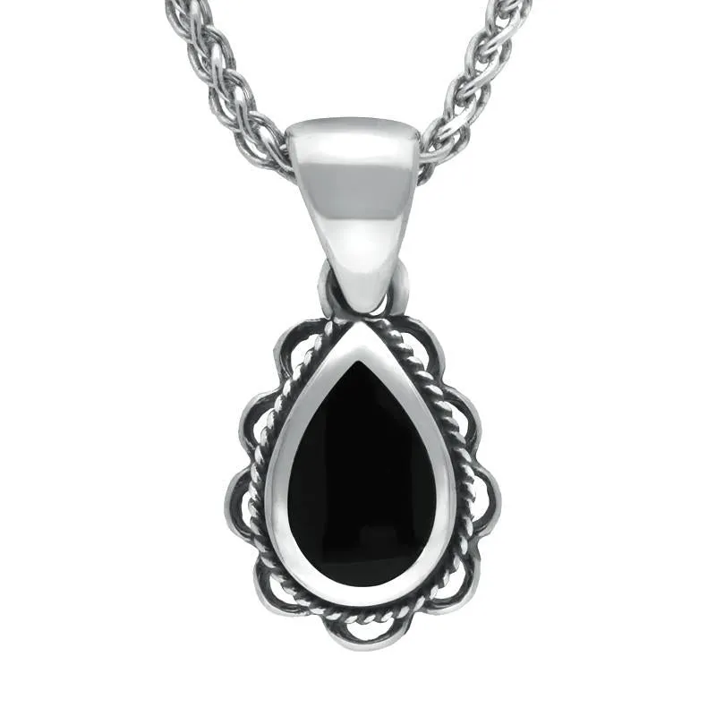 Sterling Silver Whitby Jet Pear Drop Frill Necklace made by C.W. Sellors