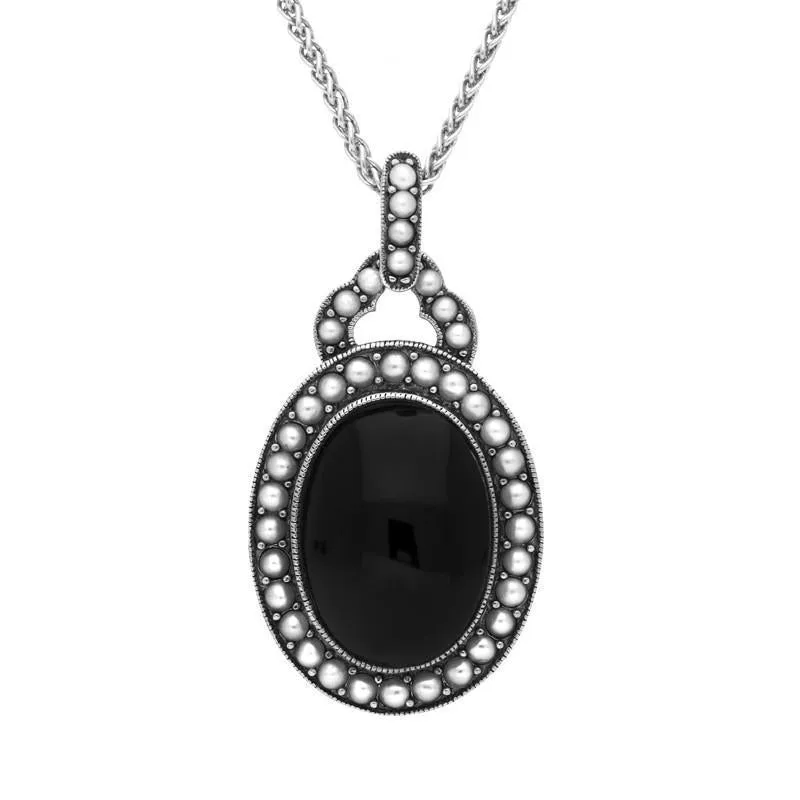 Sterling Silver Whitby Jet Pearl Edged Oval Necklace sold by Jura Watches