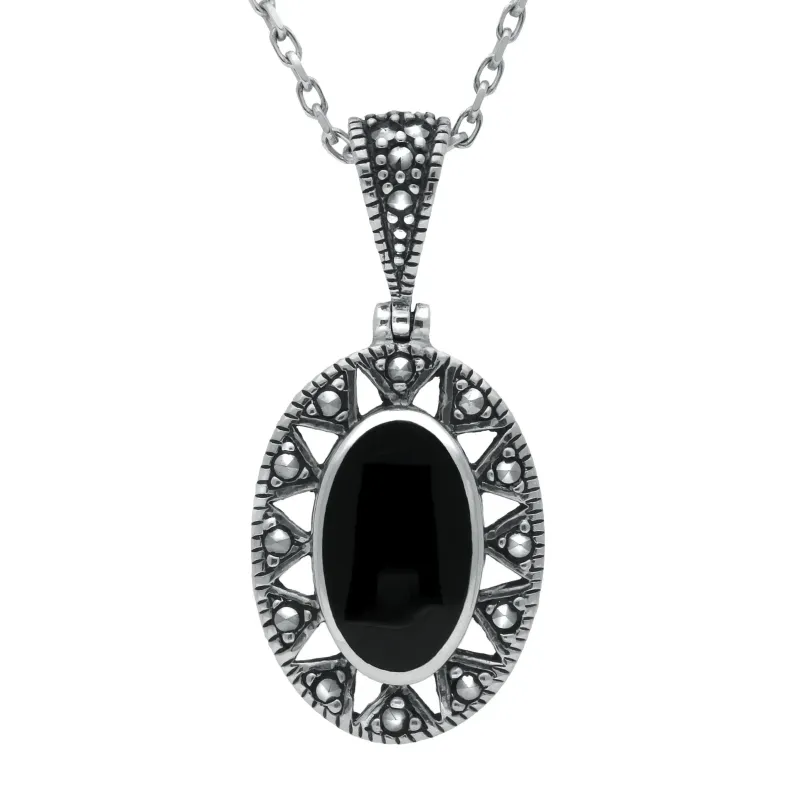 Sterling Silver Whitby Jet Marcasite Oval Necklace sold by Jura Watches