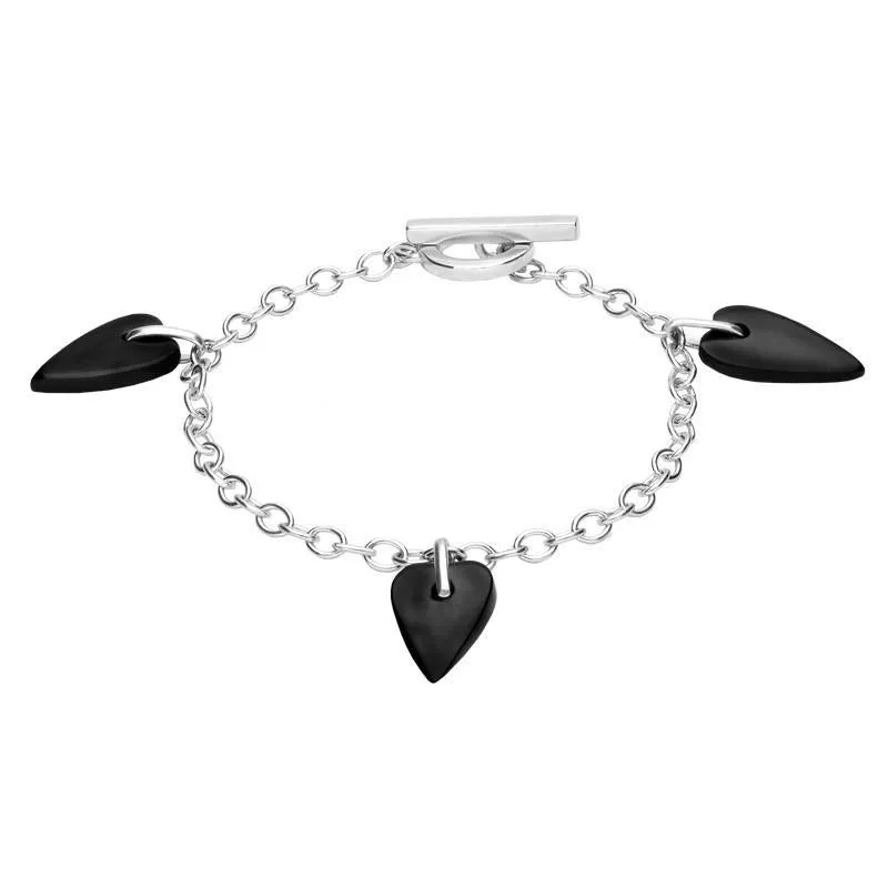 Sterling Silver Whitby Jet Triple Heart Charm T-Bar Bracelet sold by Jura Watches