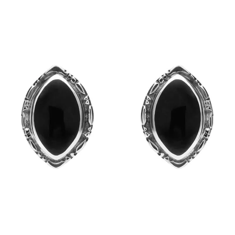Sterling Silver Whitby Jet Marquise Beaded Edge Stud Earrings sold by Jura Watches