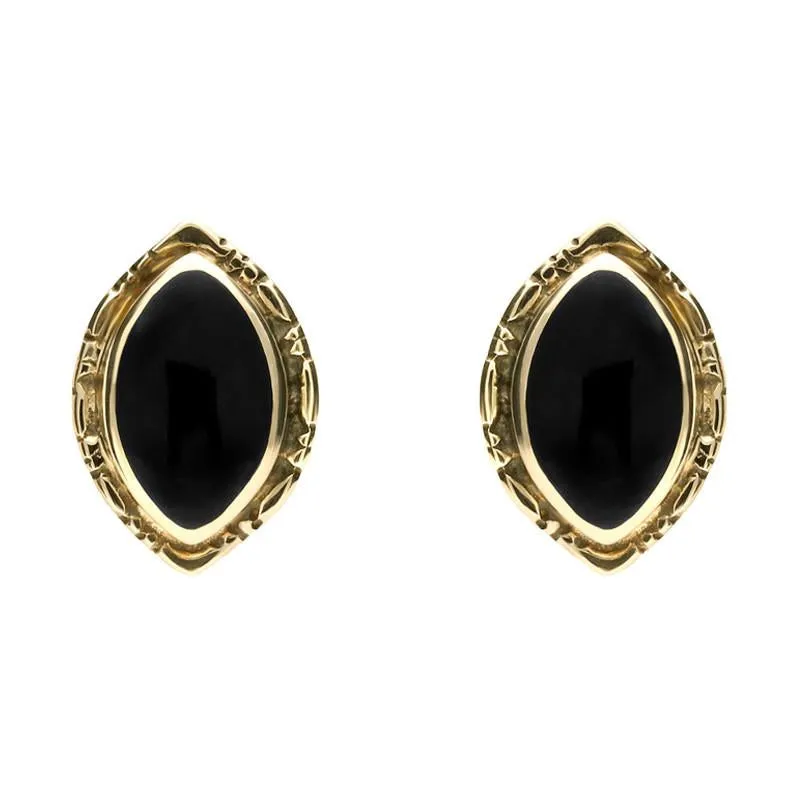 9ct Yellow Gold Whitby Jet Marquise Beaded Edge Stud Earrings sold by Jura Watches