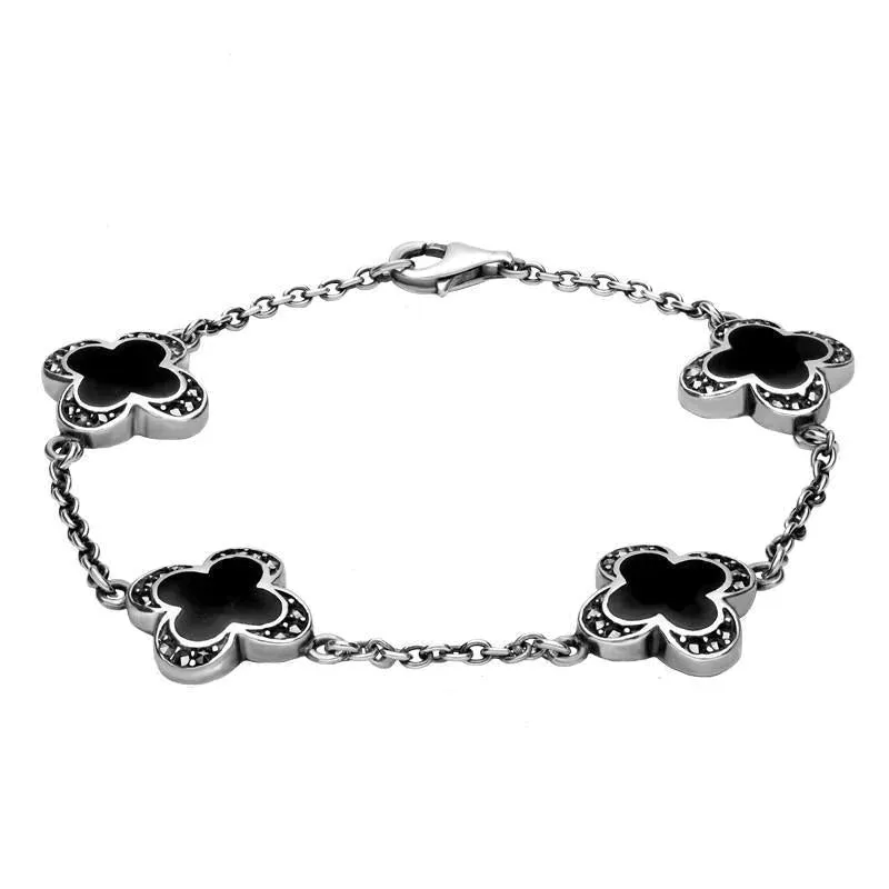 Sterling Silver Whitby Jet Marcasite Four Stone Clover Bracelet sold by Jura Watches