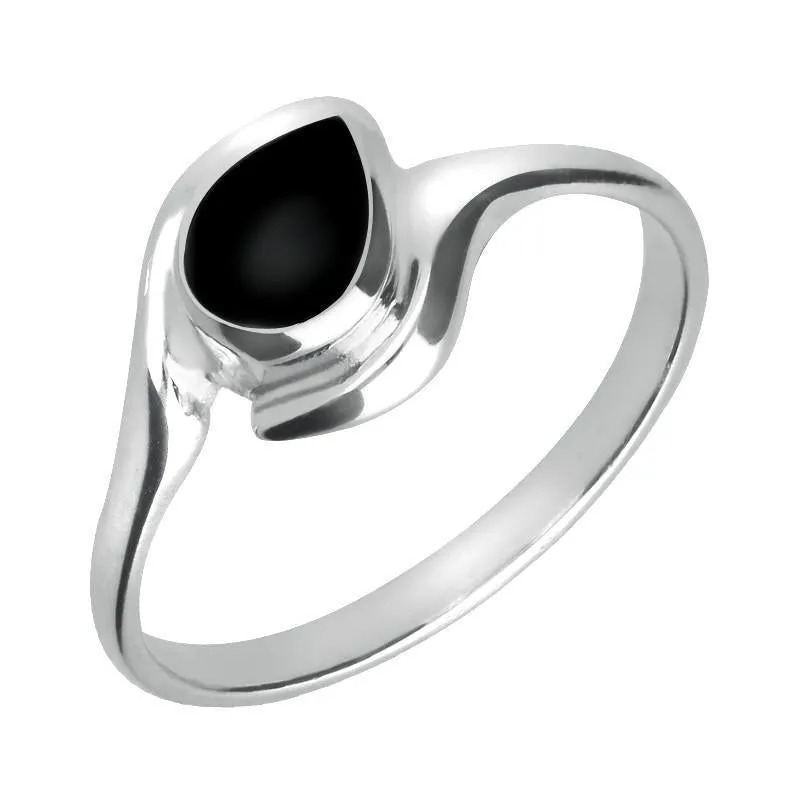 Sterling Silver Whitby Jet Offset Pear Ring sold by Jura Watches