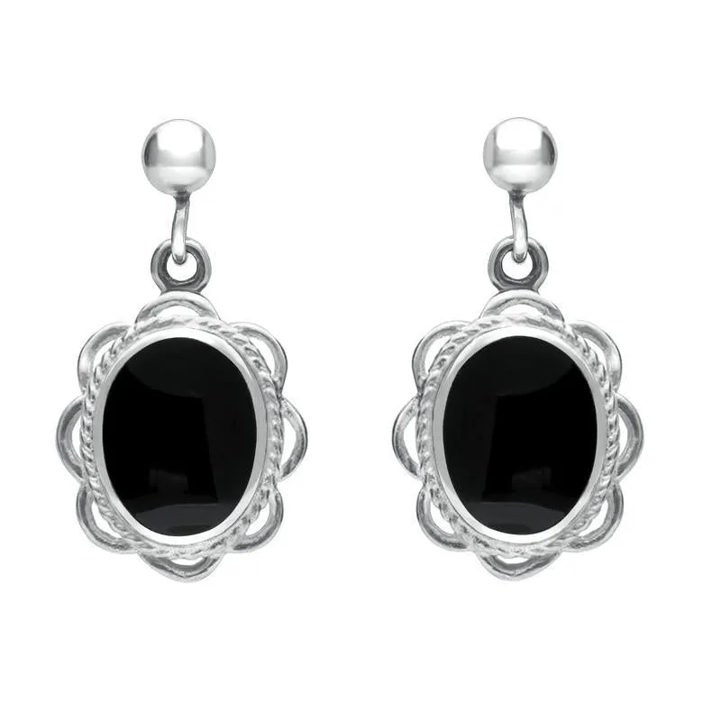 Sterling Silver Whitby Jet Oval Rope Frill Drop Earrings sold by Jura Watches