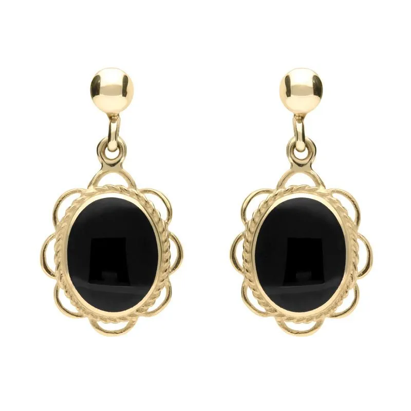 9ct Yellow Gold Whitby Jet Large Oval Rope Frill Drop Earrings sold by Jura Watches