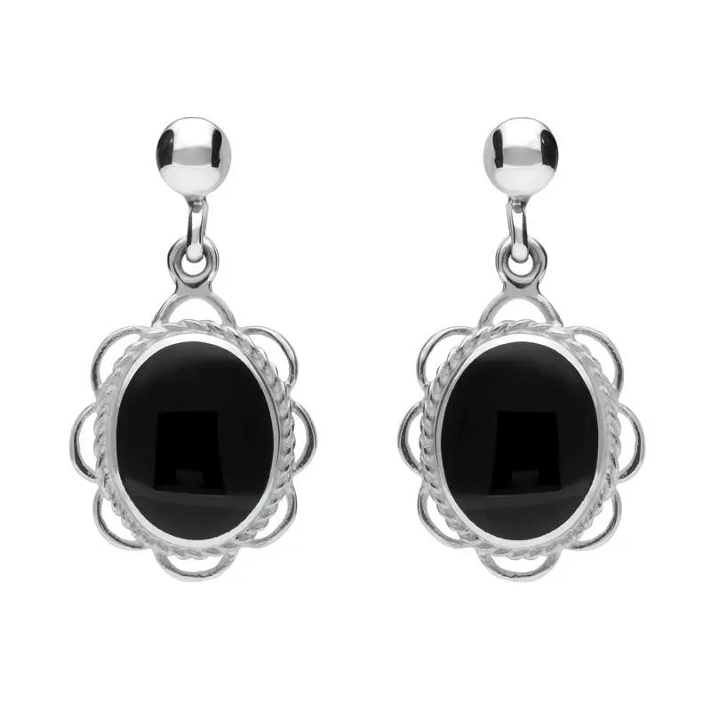 Sterling Silver Whitby Jet Large Oval Rope Frill Drop Earrings sold by Jura Watches