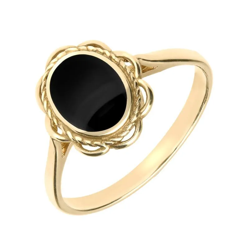 9ct Yellow Gold Whitby Jet Oval Rope Frill Ring sold by Jura Watches