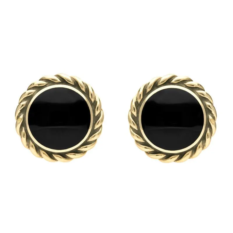 9ct Yellow Gold Whitby Jet Large Rope Edge Round Stud Earrings sold by Jura Watches