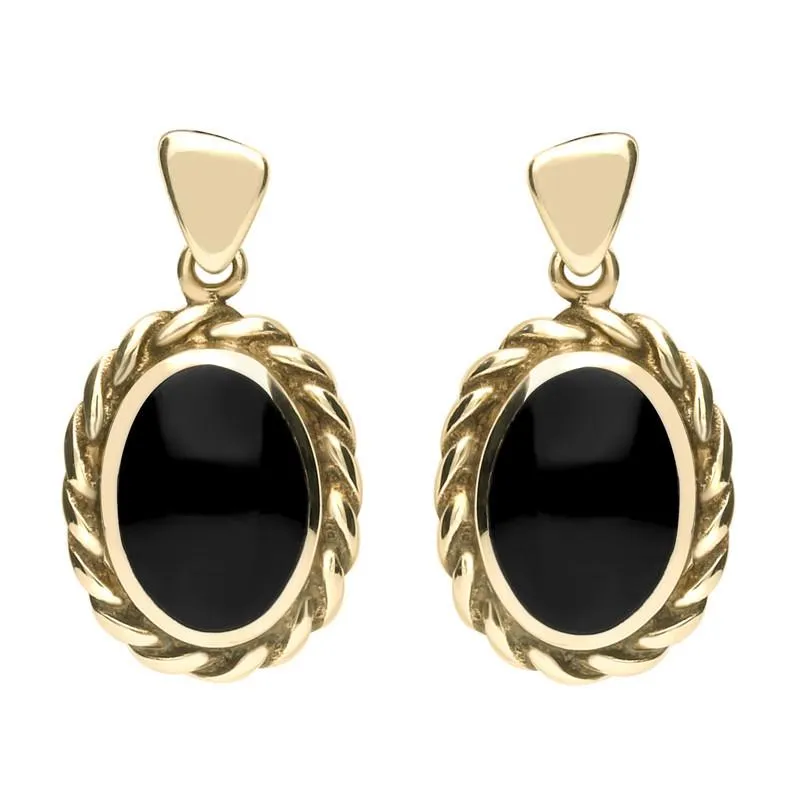 9ct Yellow Gold Whitby Jet Oval Rope Edge Triangle Bail Drop Earrings sold by Jura Watches