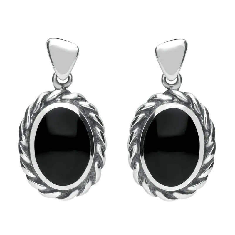Sterling Silver Whitby Jet Oval Rope Edge Triangle Bail Drop Earrings sold by Jura Watches