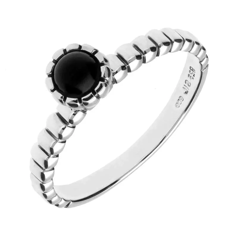 Sterling Silver Whitby Jet Beaded Edge Round Stacking Ring sold by Jura Watches