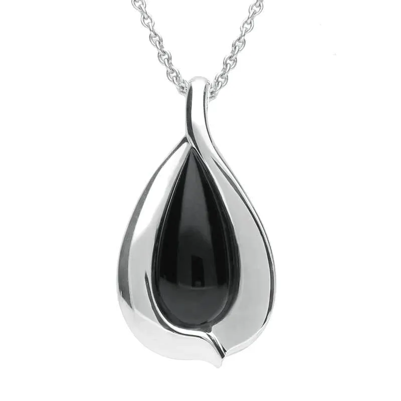 Sterling Silver Whitby Jet Wide Edge Pear Necklace sold by Jura Watches