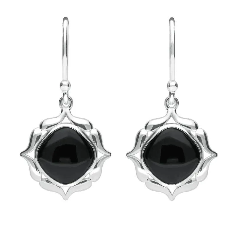 Sterling Silver Whitby Jet Cushion Fancy Edged Drop Earrings sold by Jura Watches