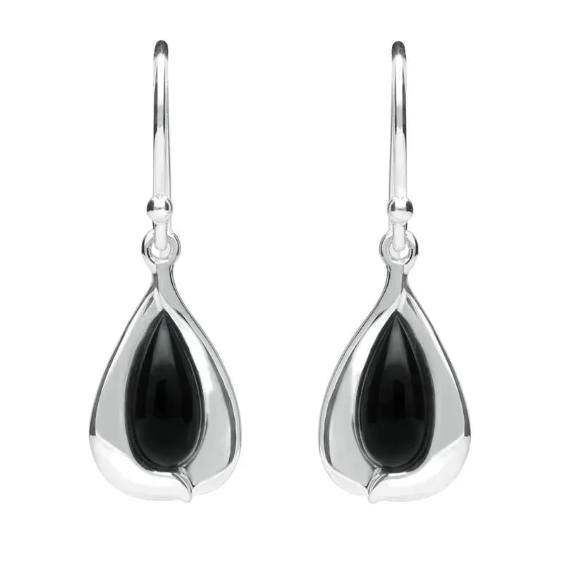Sterling Silver Whitby Jet Wide Edge Pear Hook Earrings sold by Jura Watches