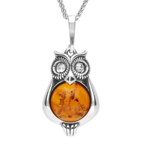 Sterling Silver Amber Cubic Zirconia Owl Necklace sold by Jura Watches