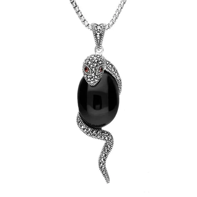 Sterling Silver Whitby Jet Marcasite Garnet Snake Necklace made by C.W. Sellors