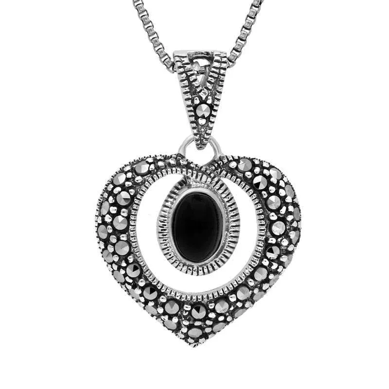 Sterling Silver Whitby Jet Marcasite Oval Swirl Heart Necklace sold by Jura Watches