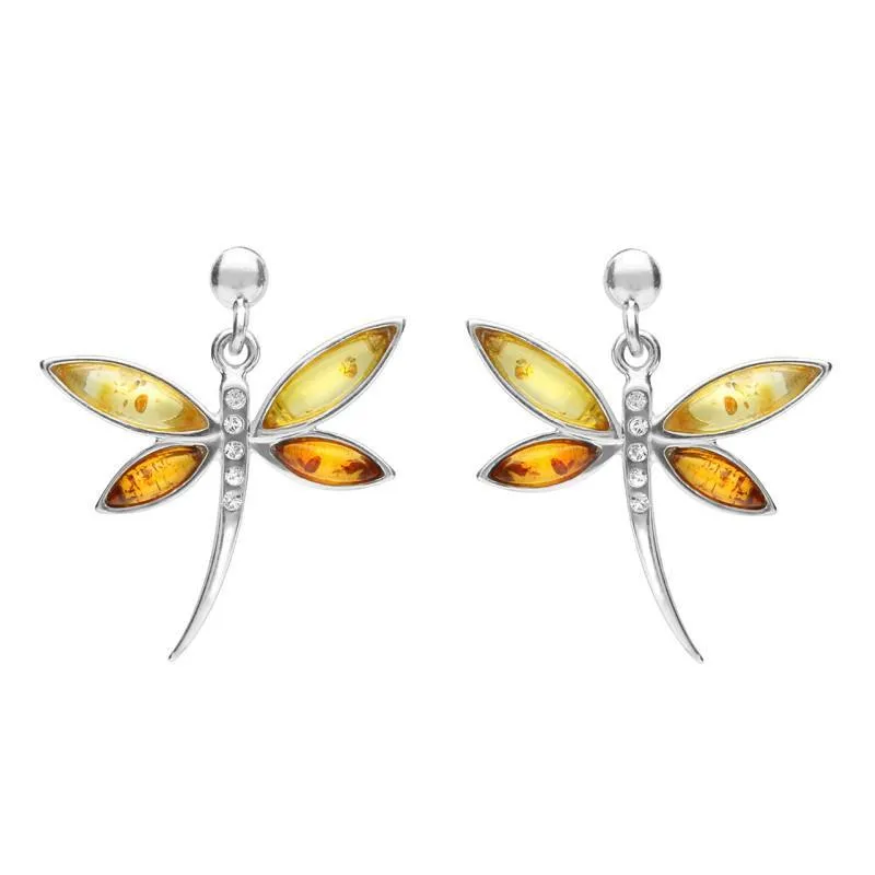 Sterling Silver Honey Amber Cubic Zirconia Dragonfly Drop Earrings sold by Jura Watches