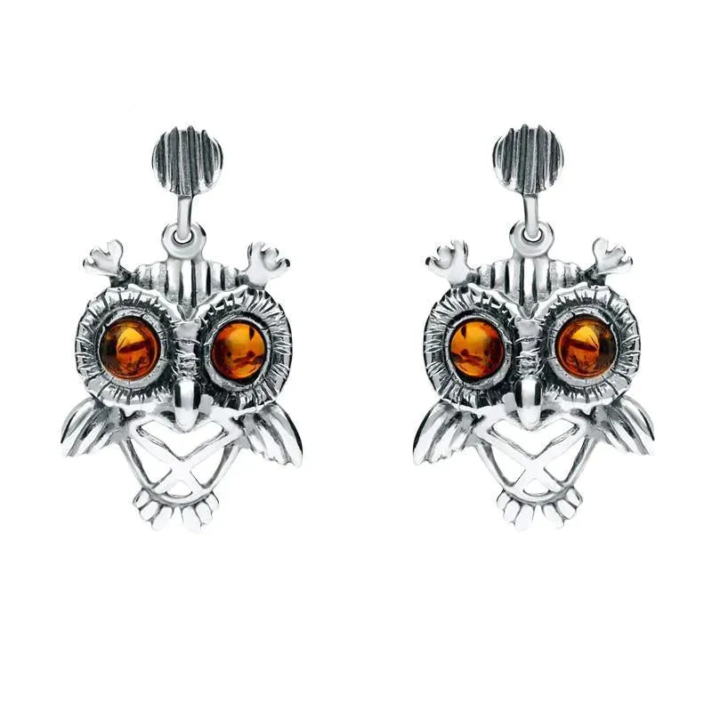 Sterling Silver Amber Orange Owl Stud Earrings sold by Jura Watches