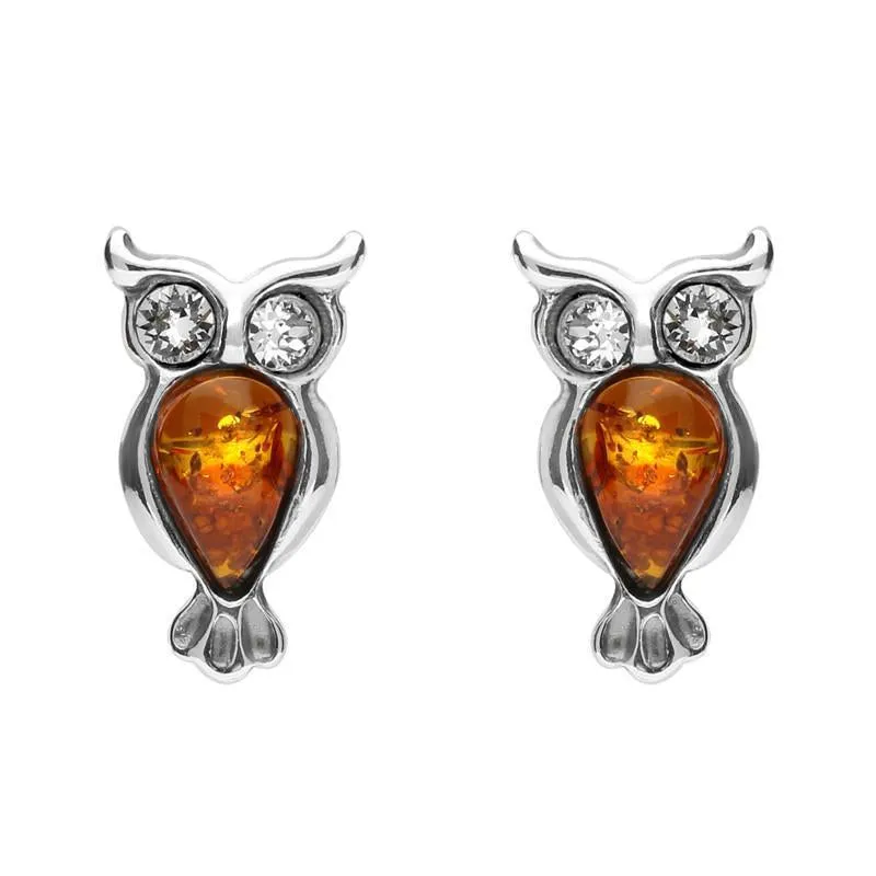 Sterling Silver Amber Cubic Zirconia Owl Stud Earrings sold by Jura Watches