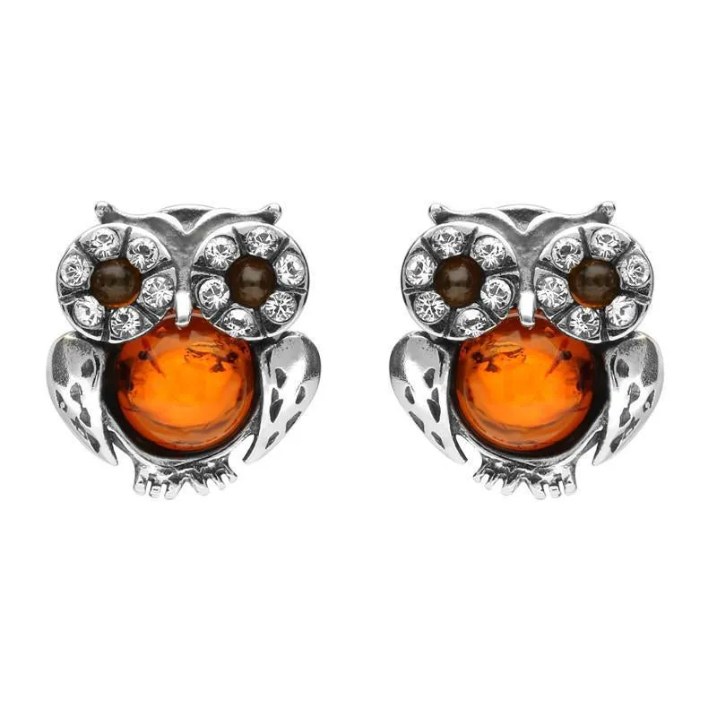 Sterling Silver Amber Cubic Zirconia Small Owl Stud Earrings sold by Jura Watches