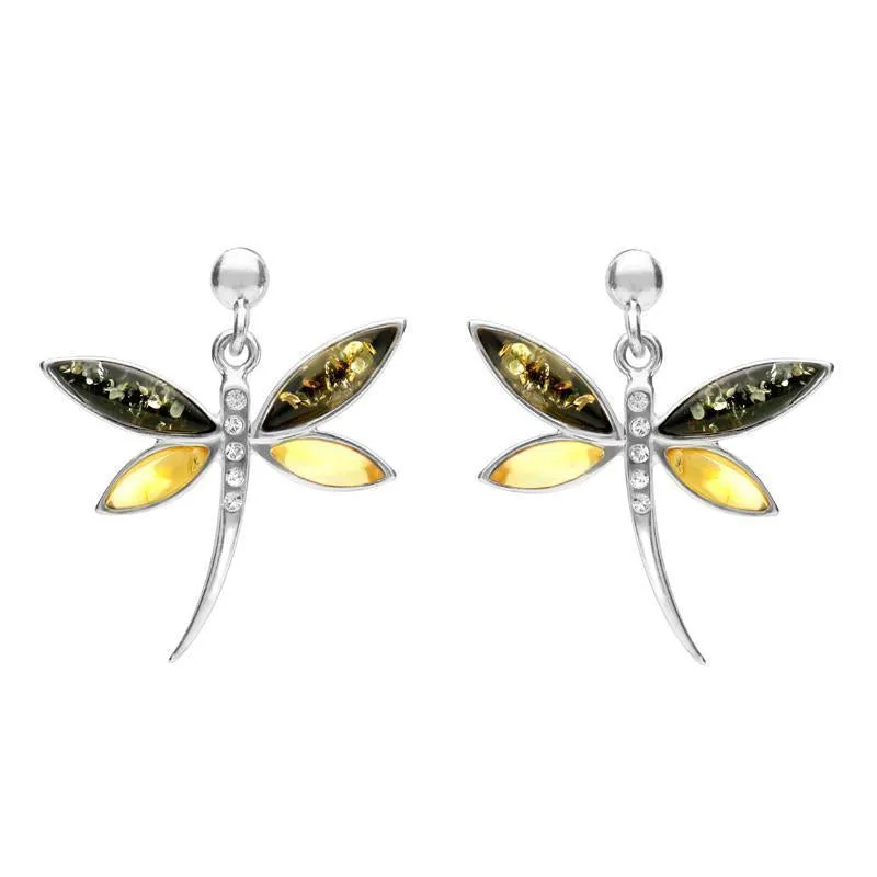 Sterling Silver Green Amber Cubic Zirconia Dragonfly Drop Earrings sold by Jura Watches