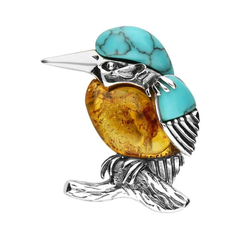 Sterling Silver Amber Turquoise Kingfisher Brooch sold by Jura Watches