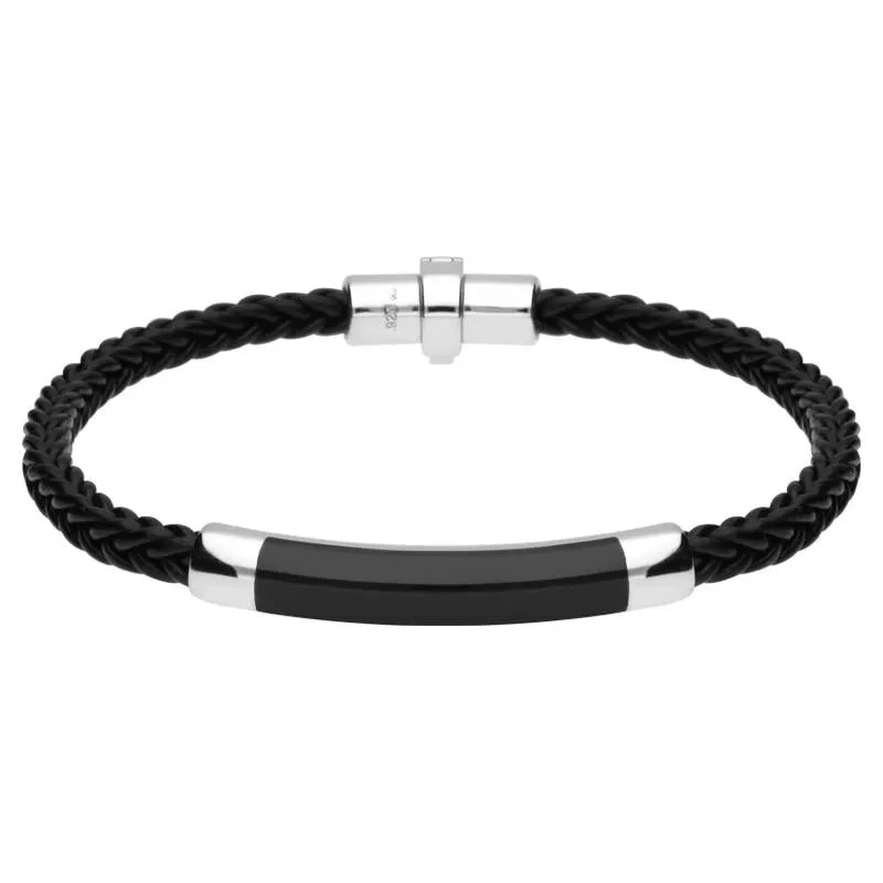 Sterling Silver Whitby Jet Plaited Leather Bar Bracelet sold by Jura Watches