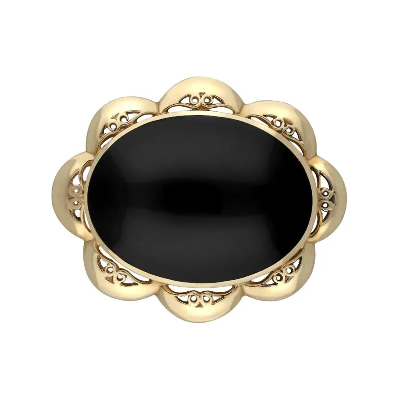 9ct Yellow Gold Whitby Jet Oval Scalloped Edge Brooch made by C.W. Sellors