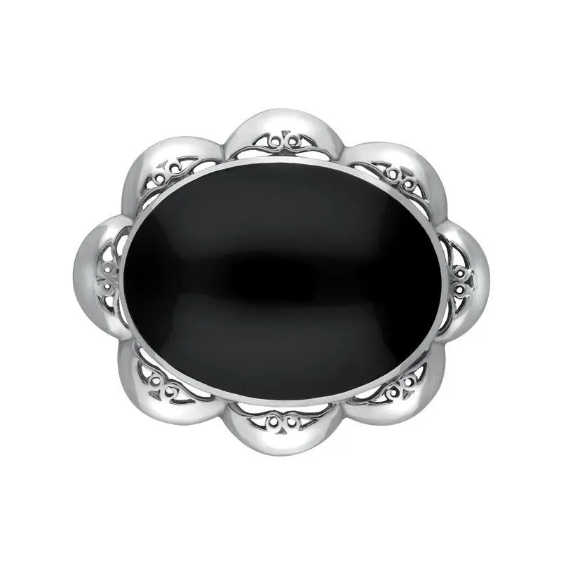 Sterling Silver Whitby Jet Oval Scalloped Edge Brooch sold by Jura Watches