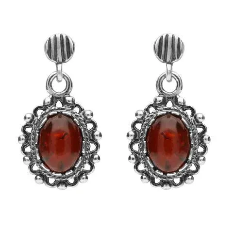 Sterling Silver Amber Oval Ornate Edge Drop Earrings sold by Jura Watches