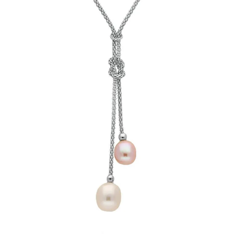 Sterling Silver White Peach Pearl Two Stone Knot Drop Necklace D sold by Jura Watches