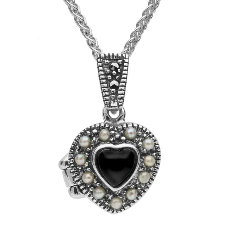 Sterling Silver Whitby Jet Pearl Small Bead Edge Heart Locket sold by Jura Watches