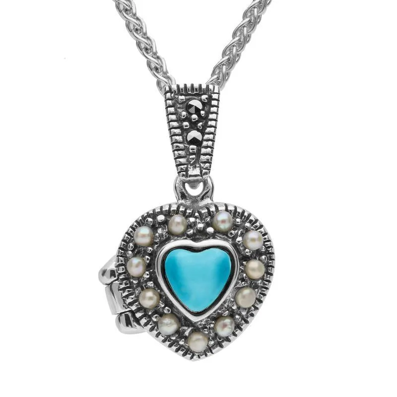 Sterling Silver Turquoise Pearl Small Bead Edge Heart Locket sold by Jura Watches