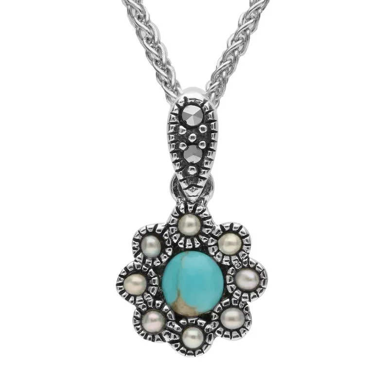 Sterling Silver Turquoise Marcasite Pearl Rounded Bead Edge Pendant Necklace sold by Jura Watches