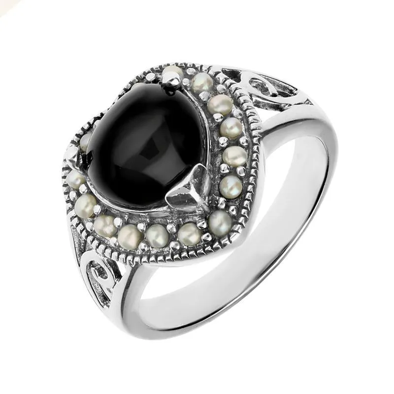 Sterling Silver Whitby Jet Pearl Heart Shaped Ring sold by Jura Watches