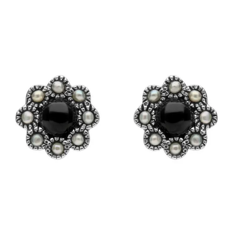 Sterling Silver Whitby Jet Pearl Round Edge Bead Stud Earrings sold by Jura Watches