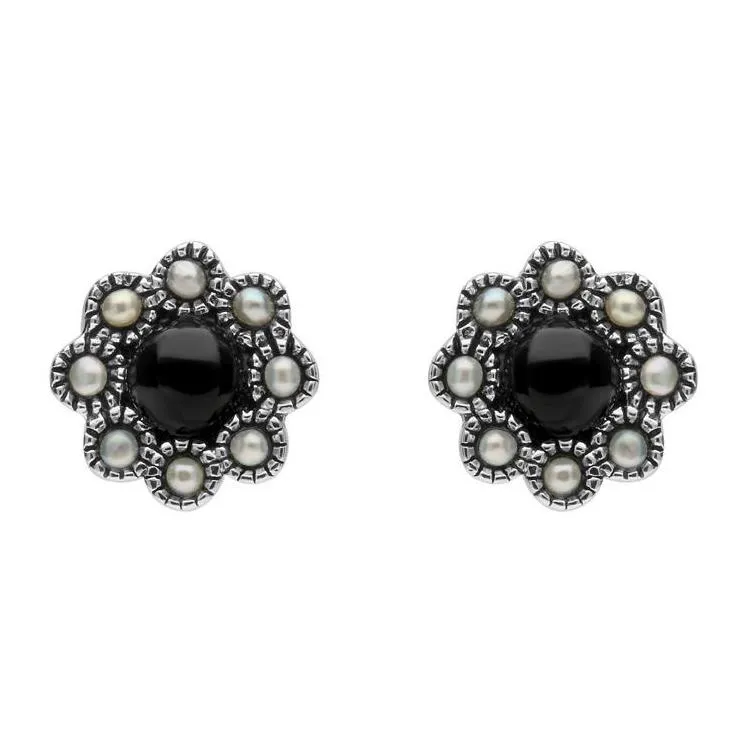 Sterling Silver Whitby Jet Pearl Round Edge Bead Stud Earrings sold by Jura Watches