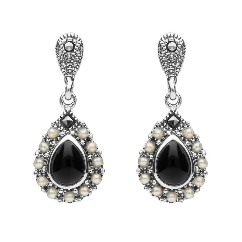 Sterling Silver Whitby Jet Marcasite Pearl Round Edge Bead Drop Earrings sold by Jura Watches