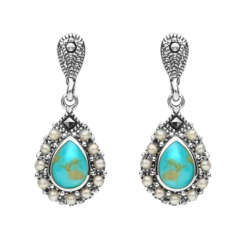 Sterling Silver Turquoise Marcasite Pearl Round Edge Bead Drop Earrings sold by Jura Watches