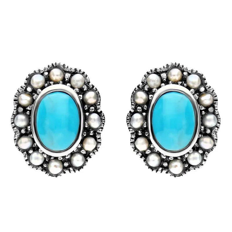 Sterling Silver Turquoise Pearl Oval Beaded Edge Stud Earrings sold by Jura Watches