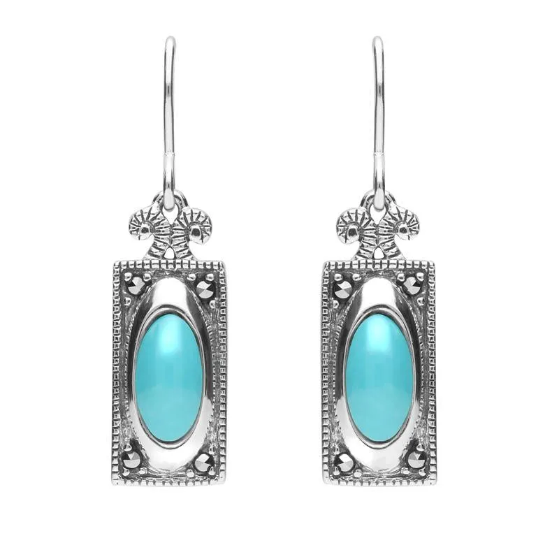 Sterling Silver Turquoise Marcasite Oval Oblong Drop Hook Earrings sold by Jura Watches
