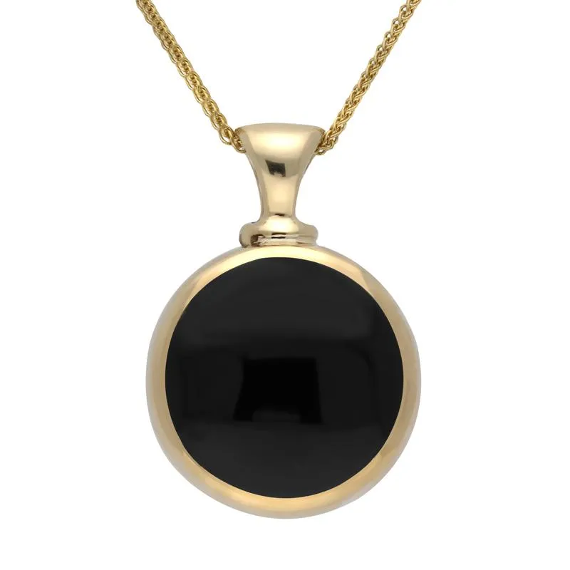 9ct Yellow Gold Whitby Jet Blue John Double Sided Round Dinky Fob Necklace sold by Jura Watches