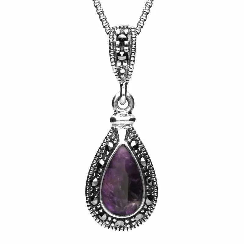 Sterling Silver Blue John Marcasite Small Beaded Pear Necklace sold by Jura Watches