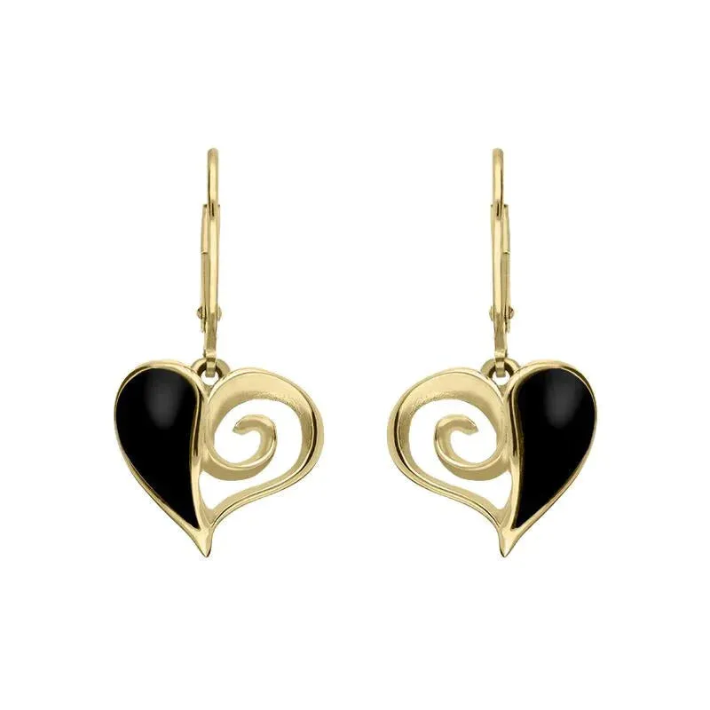 9ct Yellow Gold Whitby Jet Swirl Heart Hook Drop Earrings sold by Jura Watches