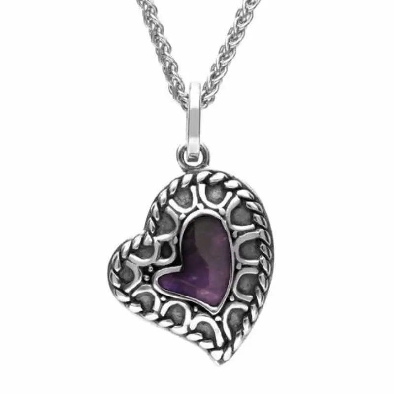 Sterling Silver Blue John Oxidised Patterned Heart Necklace sold by Jura Watches