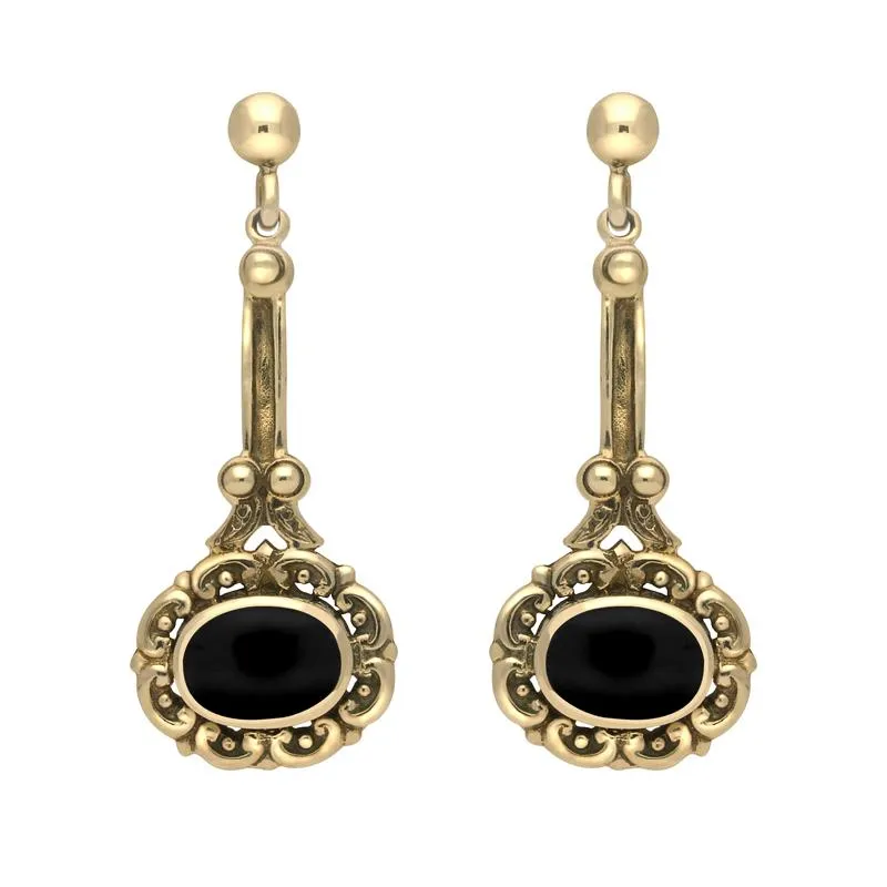 9ct Yellow Gold Whitby Jet Ornate Antique Oval Drop Earrings sold by Jura Watches