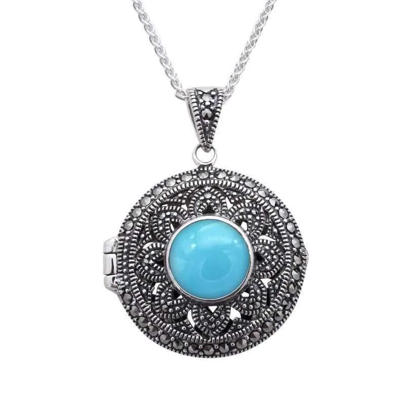 Sterling Silver Turquoise Marcasite Round Floral Locket Necklace sold by Jura Watches